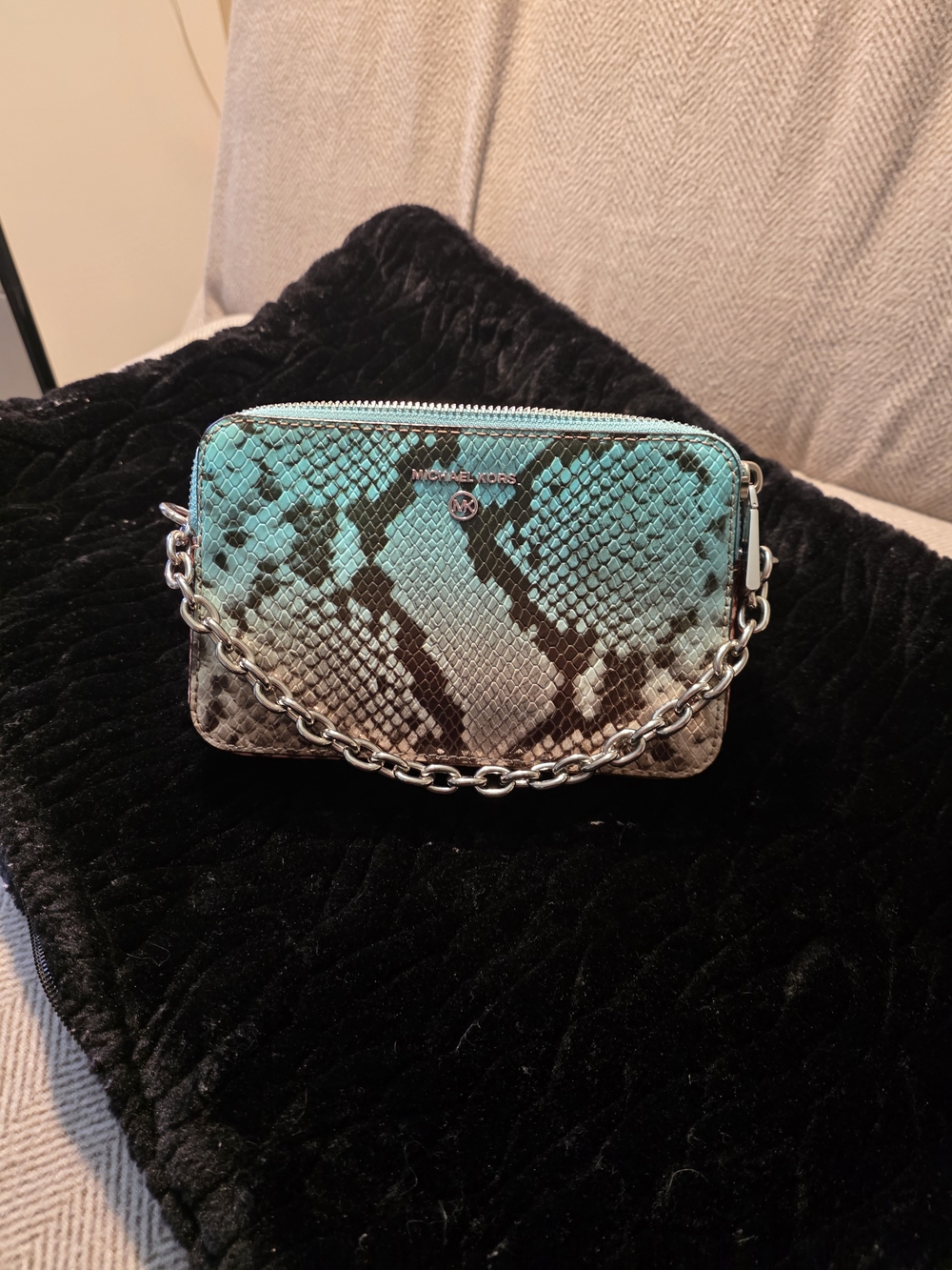 Michael Kors Turquoise and Brown Snake-Print Chain Crossbody